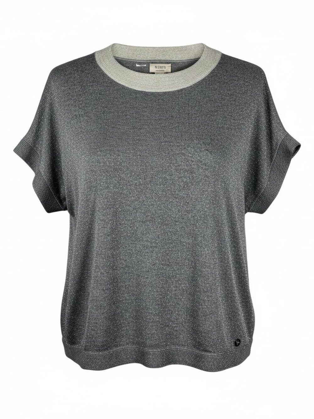 Nümph Silver Metallic Short Sleeve Relaxed Knit Sweater Top Small